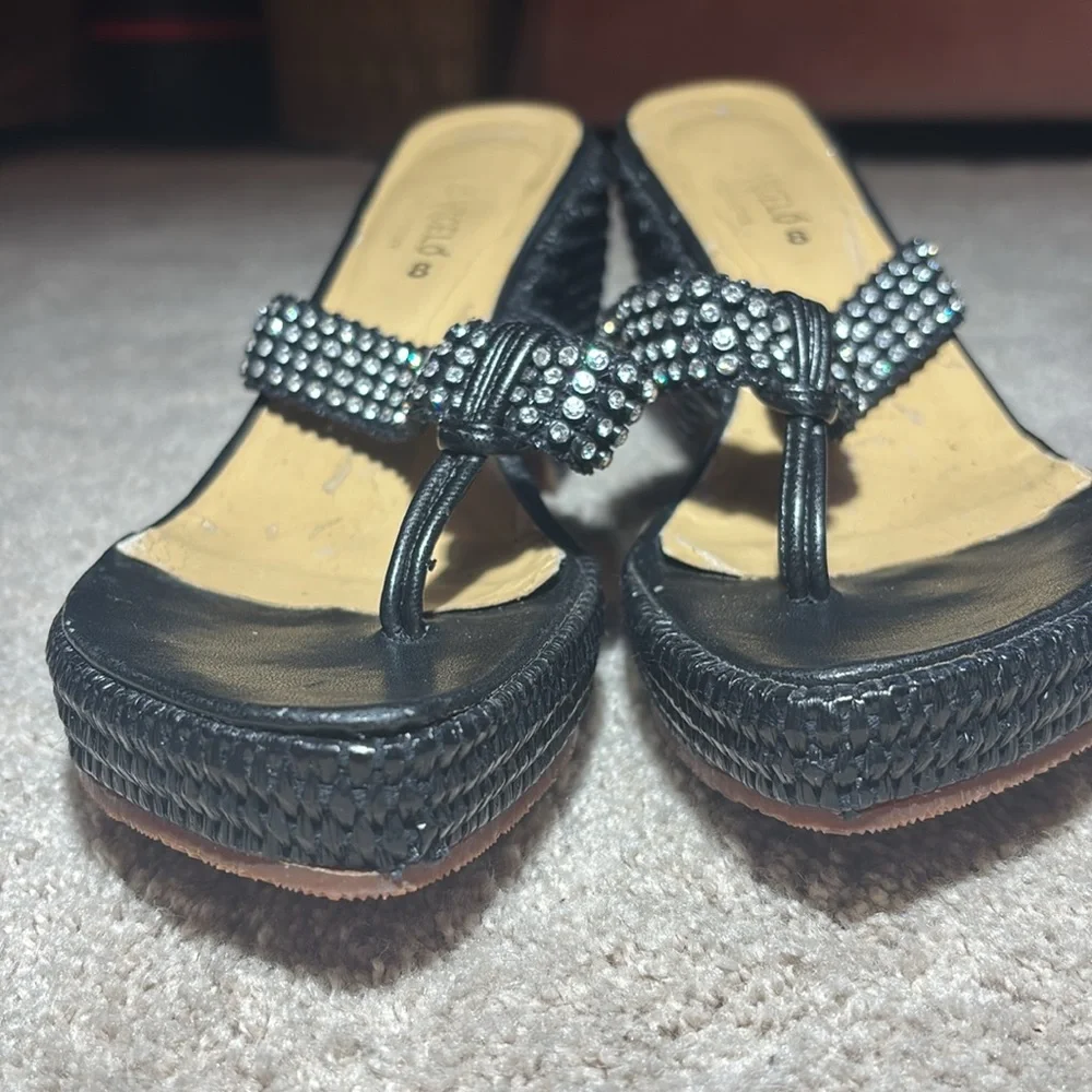 Paloma Barcelo wicker thong wedge sandals black rhinestone designer sandal 8